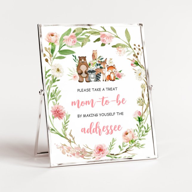 Rosa Florale Wald-Duschumschlag-Stationsschild Poster (Girl Woodland Animals Baby Shower Envelope Station Sign)