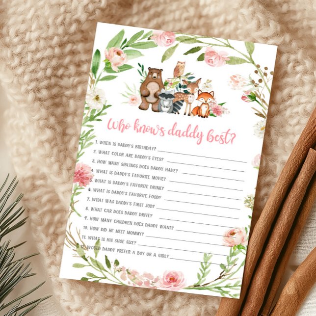 Rosa Florale Wald-Wer kennt Daddy am besten Spiel (Girl Woodland Animals Baby Shower Who Knows Daddy Best Game)