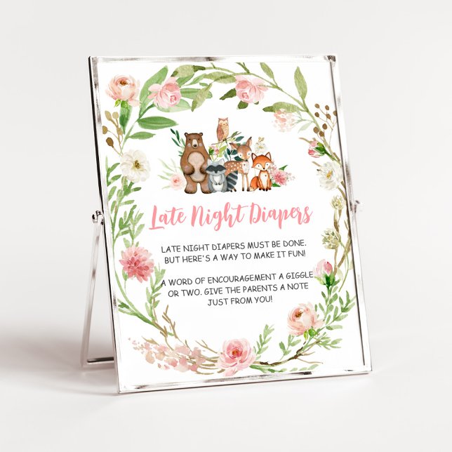 Rosa Florale Waldspäte Nacht Windeln Poster (Girl Woodland Animals Baby Shower Late Night Diapers Sign)