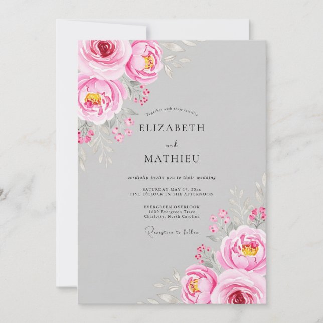 Rosa Florale Whimsy-Hochzeit Einladung (Vorderseite)