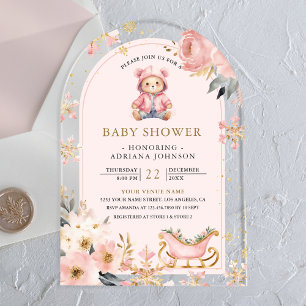 Rosa florale Winter-Teddybär-Bogen-Baby-Party Acryleinladungen
