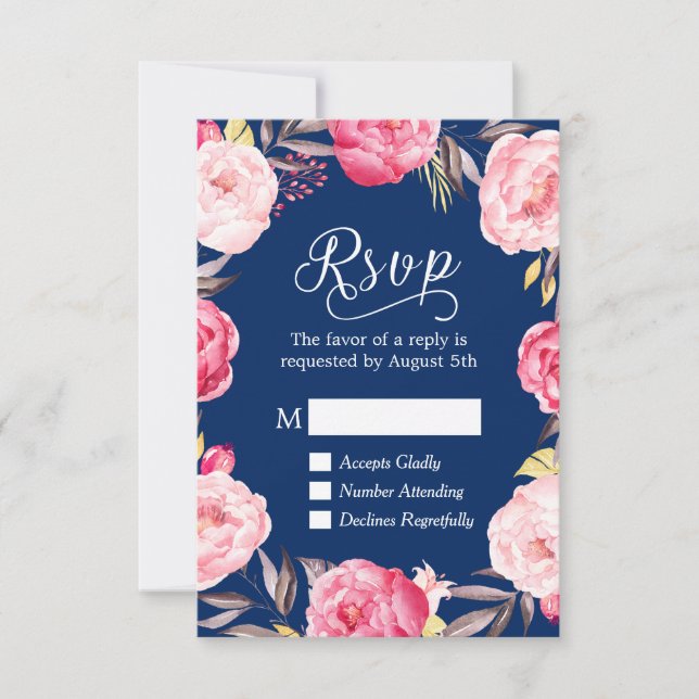 Rosa florale Wreath Navy Blue UAWG Reputation RSVP Karte (Vorderseite)