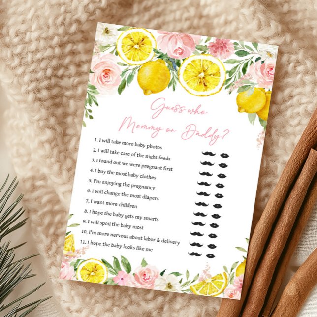 Rosa florale Zitronen-Rat mal, wer Mama oder Papa  (Summer Lemon Citrus Baby Shower Guess Who Mommy or Daddy Game)