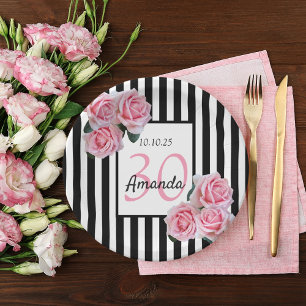 Rosa Florale zum 30. Geburtstag Schwarz-weiße Stre Pappteller