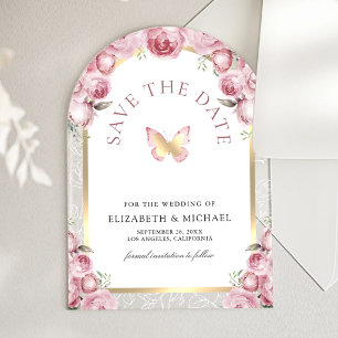 Rosa floraler Bogen Schmetterling Hochzeit Termin  Acryleinladungen