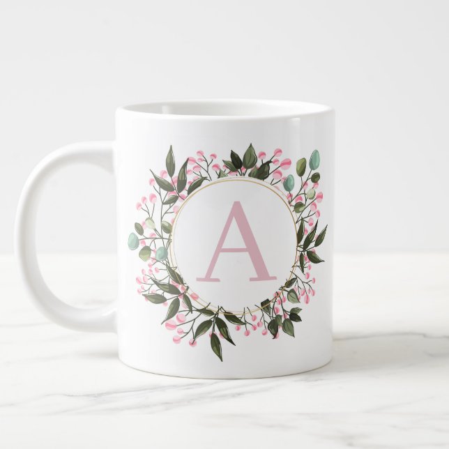 Rosa floraler Circle Frame Monogramm bearbeitbar e Jumbo-Tasse (Links)