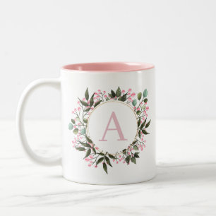 Rosa floraler Circle Frame Monogramm bearbeitbar e Zweifarbige Tasse