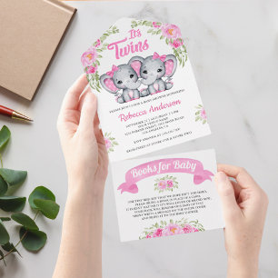 Rosa floraler Elefant Zwillingsmädchen-Baby-Party All In One Einladung