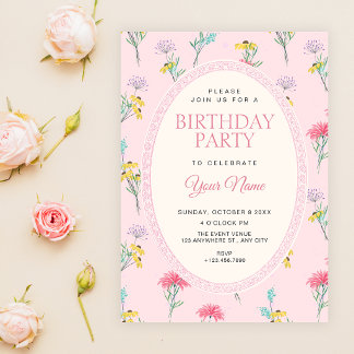 Rosa floraler Geburtstag Einladung