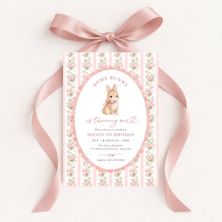 Rosa floraler Hase zum 1. Geburtstag Einladung
