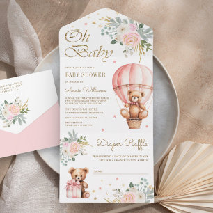 Rosa floraler Heißluftballon-Teddybär-Babyshower All In One Einladung