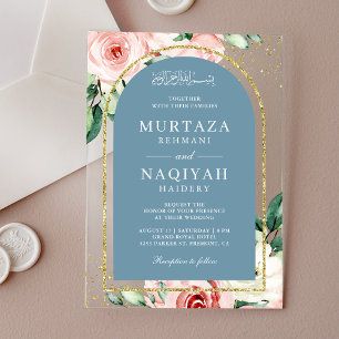 Rosa Floraler Staubblauer Bogen Muslimische Hochze Acryleinladungen