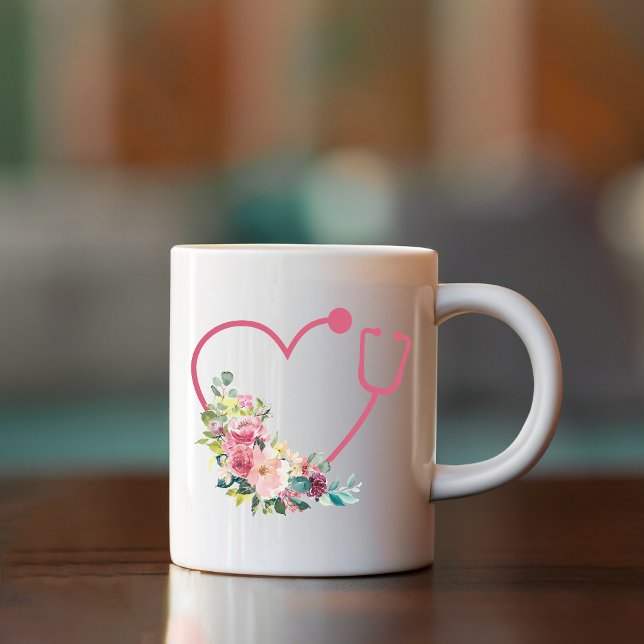 Rosa floraler Stethoskop Herzkrankenarzt Kaffeetasse (Von Creator hochgeladen)