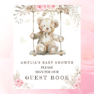Rosa Floraler Teddybär Baby Shower Gästebuch