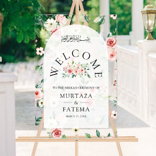 Rosa floraler Torbogen Muslimische Hochzeitsbegrüß Acrylschild