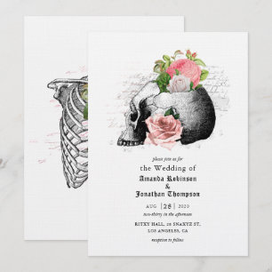 Rosa floraler Totenkopf Halloween Gothic Hochzeit Einladung