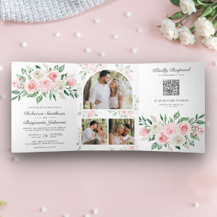 Rosa Florales Alles-in-Einem QR-Code Hochzeit Dreifach Gefaltete Einladung