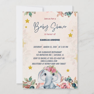 Rosa florales Baby-Elefant Einladung