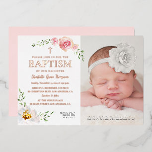 Rosa Florales Baby Girl Foto-Taufeinladung Folieneinladung