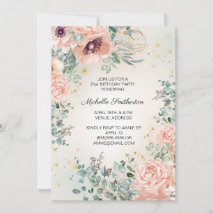 Rosa florales Blattgold Glitter 21. Geburtstag Einladung