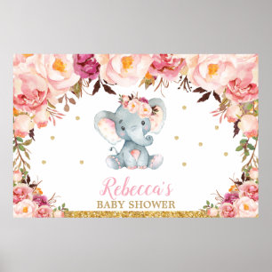 Rosa florales Elefant Baby Shower Party Hintergrun Poster