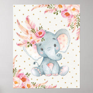 Rosa florales Elefant Kinderzimmer Art Boho Blumen Poster