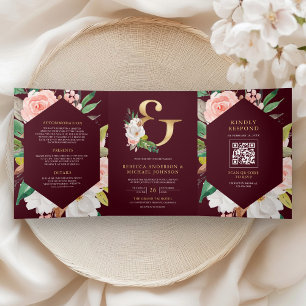 Rosa Florales Et-Zeichen Burgunder QR-Code Hochzei Dreifach Gefaltete Einladung
