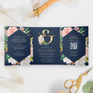 Rosa Florales Et-Zeichen Navy QR-Code Hochzeit Dreifach Gefaltete Einladung