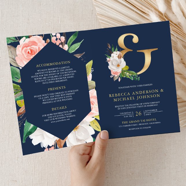 Rosa Florales Et-Zeichen Navy QR-Code Hochzeit Einladung (Von Creator hochgeladen)