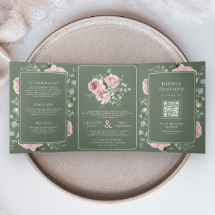 Rosa Florales Eukalyptus Grün Hochzeit Dreifach Gefaltete Einladung