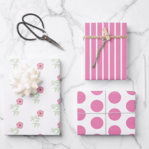 Rosa Florales Geschenkpapier Flachblatt-Set aus 3 Set
