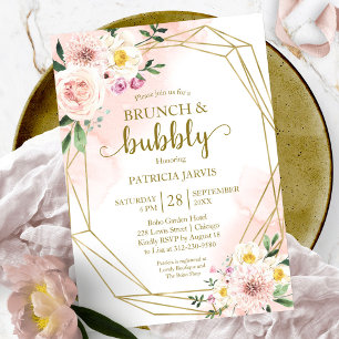 Rosa Florales Gold Brunch Und Sprudelndes Brautabs Einladung