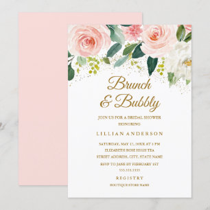 Rosa Florales Gold Glitter Brunch Und Sprudelnd Einladung