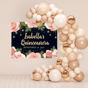 Rosa Florales Gold Glitter Sterne Schwarze Quincea Poster