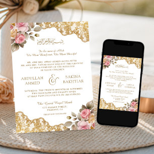 Rosa Florales Goldene Spitze QR Code Muslimische H Einladung