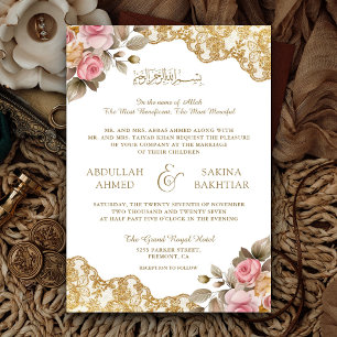 Rosa Florales Goldene Spitze QR Code Muslimische H Einladung