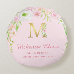 Rosa florales goldenes Monogramm "M" Baby Girl Sta Rundes Kissen