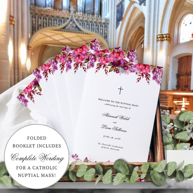 Rosa florales katholisches Hochzeitsmesse-Zeremoni (Alannah folded Catholic wedding program with bright magenta and fuchsia spring florals)