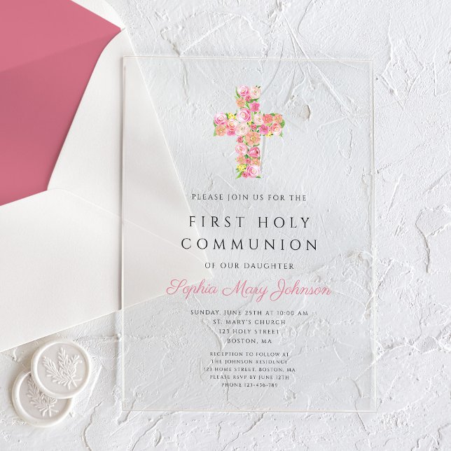 Rosa florales Kreuz Religiöse Erste Kommunion Acryleinladungen (Pink Floral Cross Religious First Communion Acrylic Invitations)
