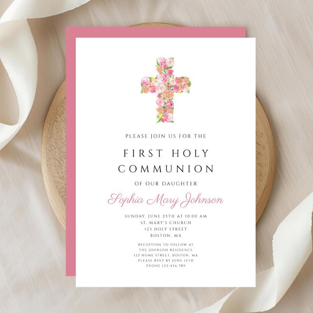 Rosa florales Kreuz Religiöse Erste Kommunion Einladung (Pink Floral Cross Religious Girl First Communion Invitation)