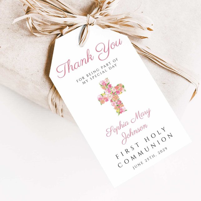 Rosa florales Kreuz Religiöse Erste Kommunion Geschenkanhänger (Pink Floral Cross Religious First Communion Gift Tags)