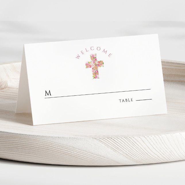 Rosa florales Kreuz Religiöse Erste Kommunion Platzkarte (Front - Pink Floral Cross Religious First Communion Place Card)
