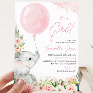 Rosa Florales Mädchen Elefant Baby Shower Einladung