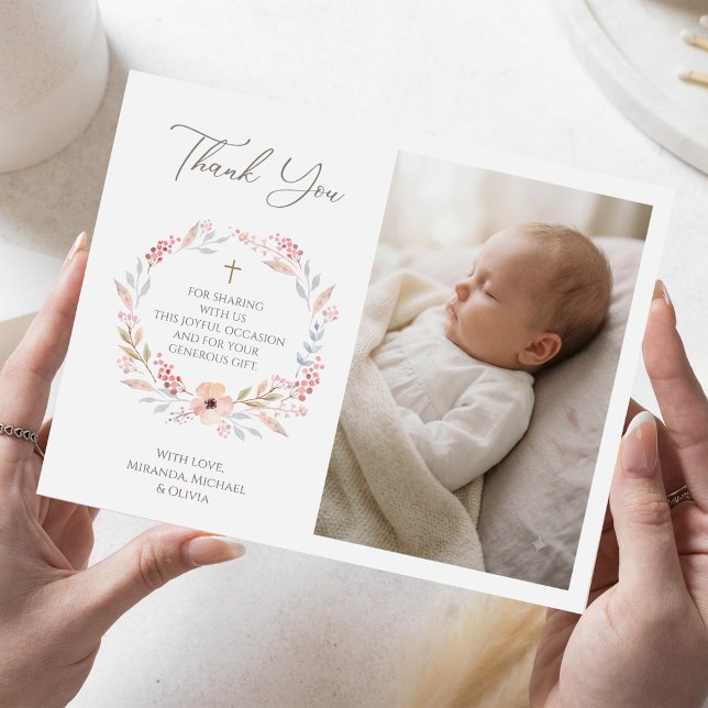 Rosa Florales Mädchen Tauf Danke Karte (Blush Pink Floral Girl Baptism Thank You Card)