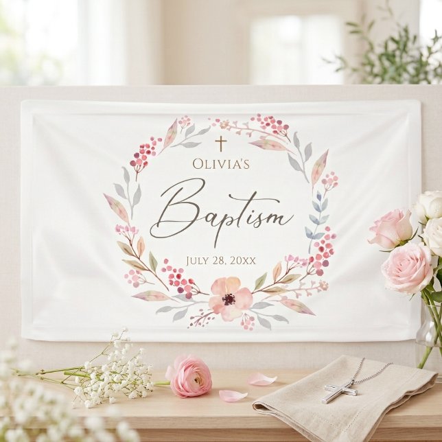 Rosa Florales Mädchen Taufe Banner (Blush Pink Floral Girl Baptism Banner)
