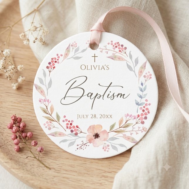 Rosa Florales Mädchen Taufe Rund Geschenkanhänger (Blush Pink Floral Girl Baptism Round Favor Tags)