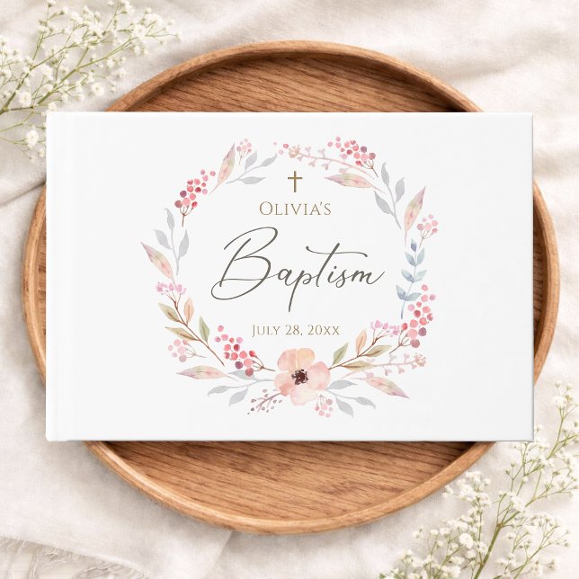 Rosa Florales Mädchen Taufgästebuch Gästebuch (Blush Pink Floral Girl Baptism Guest Book)