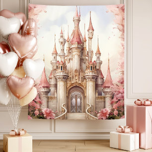 Rosa florales Märchenschloss Wandteppich