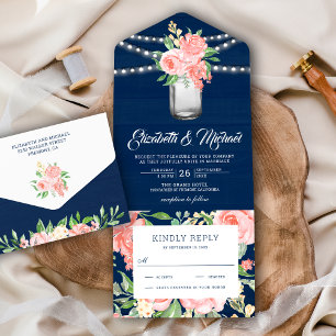 Rosa Florales Mason-Glas Navy Blau Holz Hochzeit All In One Einladung