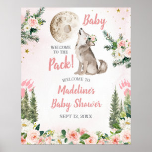 Rosa Florales Mond Wald Wolf Willkommensschild Poster